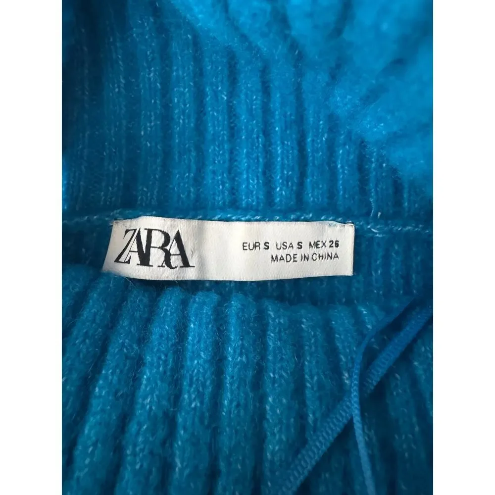 Zara Blue Soft Ribbed Knit Wool Blend Turtleneck Oversized Sweater Size S - Picture 6 of 7